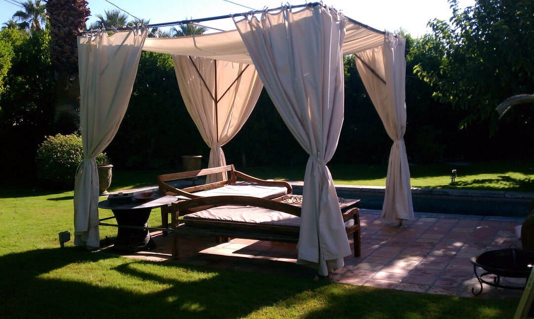 off-white lanai drapery for outdoor project here on Via Lola in Palm Springs