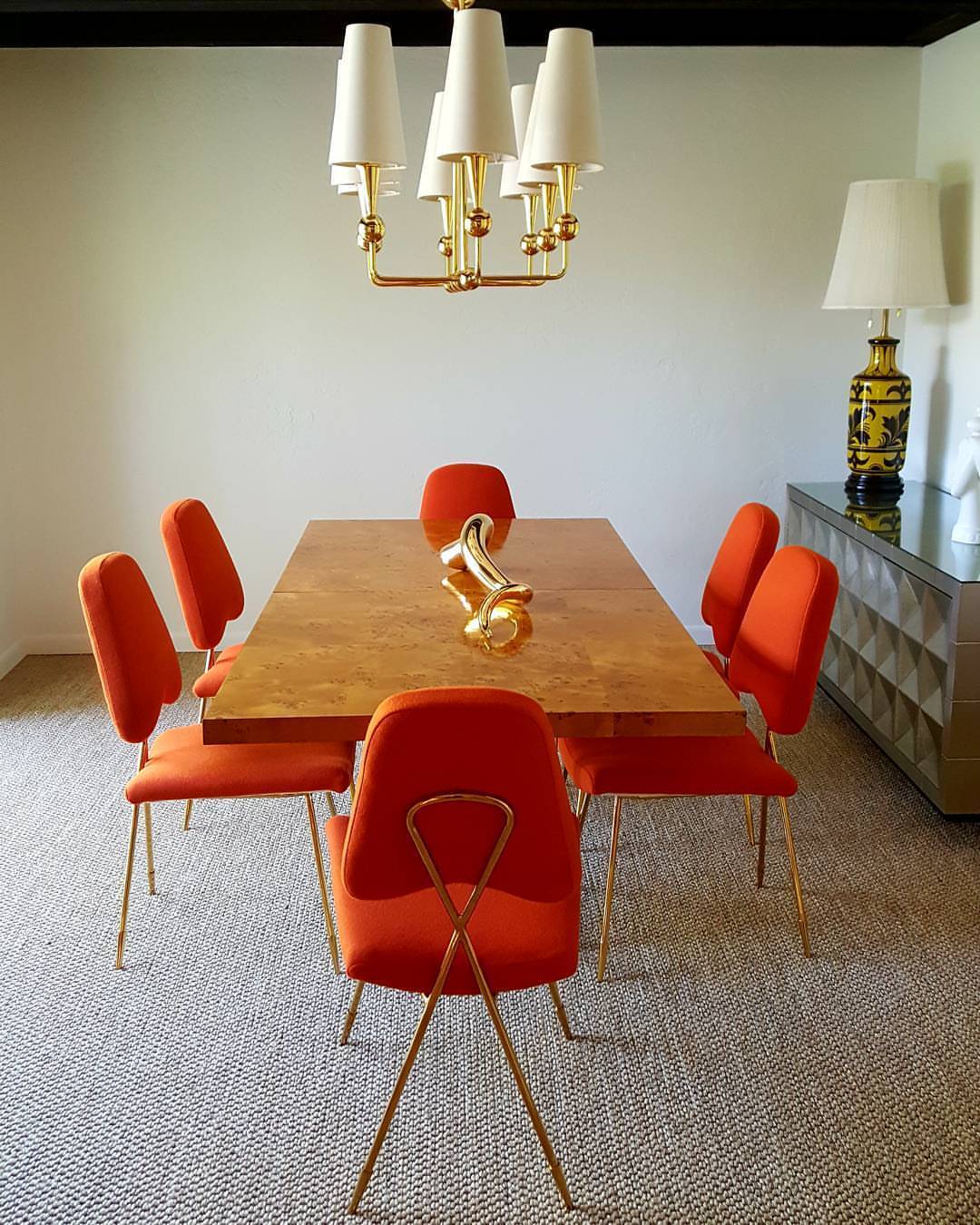 Gene Autry House at the Parker Palm Springs, Dining Chairs from Jonathan Adler upholstered in a vibrant orange COM